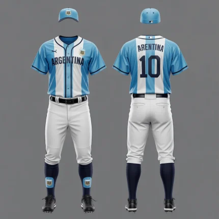 Front and back view of an Argentina national baseball uniform set. The jersey features wide vertical sky blue and white stripes with "ARGENTINA" across the chest and back, and the number "10" on the back. It includes white baseball pants, dark navy socks with white stirrups, black cleats, and a sky blue baseball cap with an "AFA" style logo.