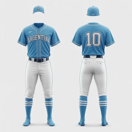 Front and back view of a solid sky blue baseball uniform set. The jersey has white piping accents and features "ARGENTINA" across the chest and the number "10" on the back. The uniform includes white pants, matching sky blue and white striped socks, and a sky blue baseball cap with a white letter 'A'.